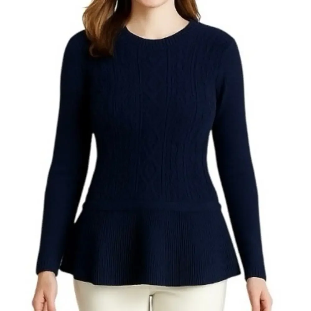Talbots Sweater Cable Knit Crew Neck Peplum Navy Blue Women’s Size Medium